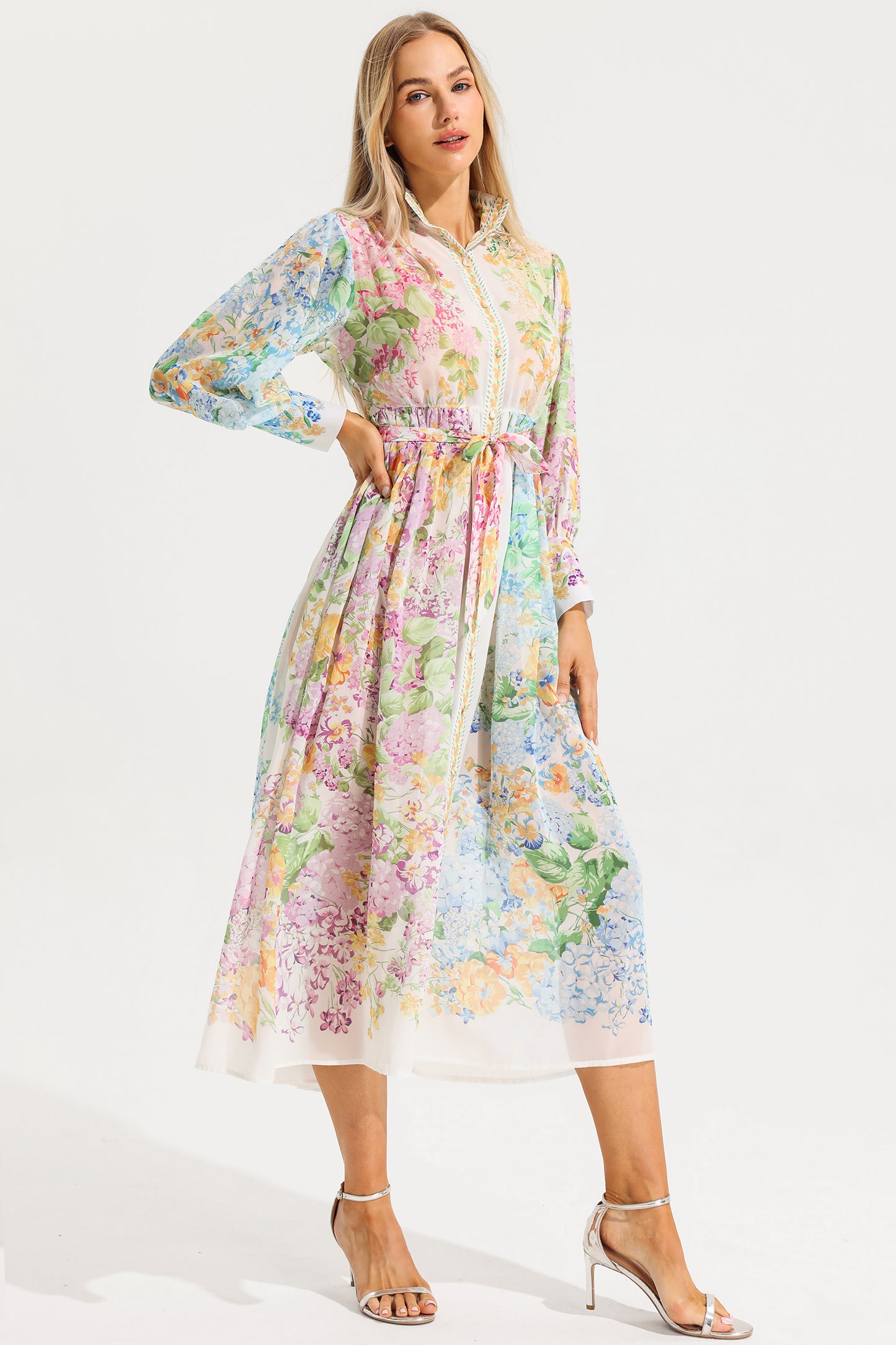 Floral Long Sleeves Midi Dress With Belt