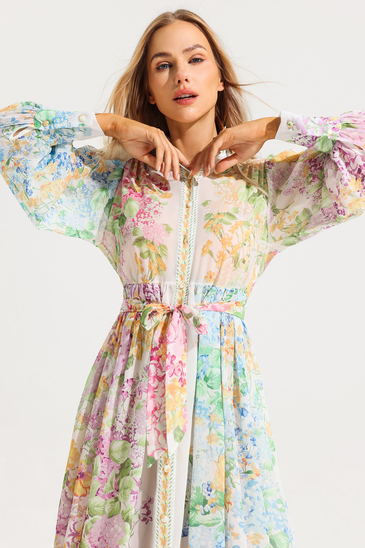 Floral Long Sleeves Midi Dress With Belt