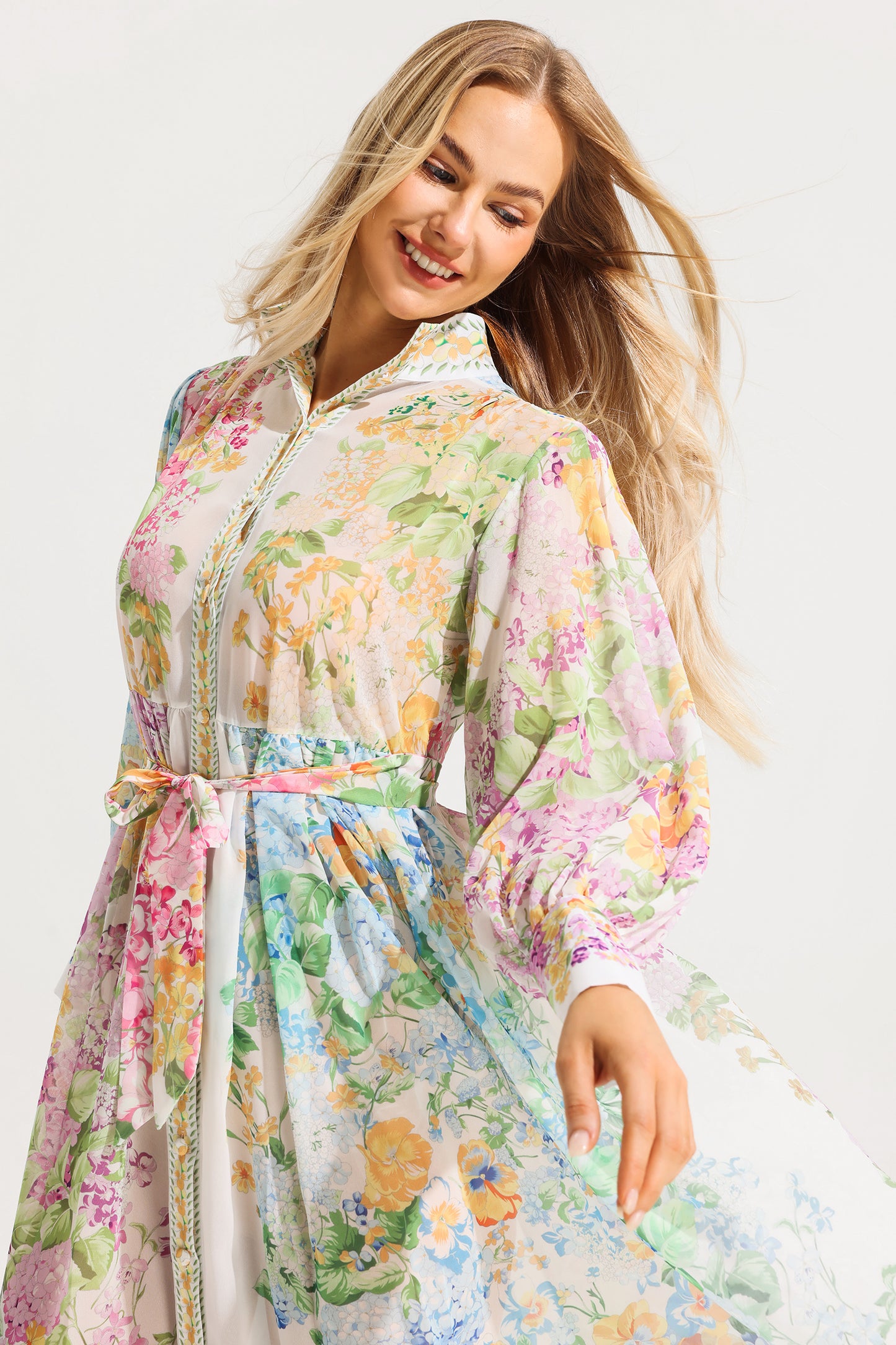 Floral Long Sleeves Midi Dress With Belt