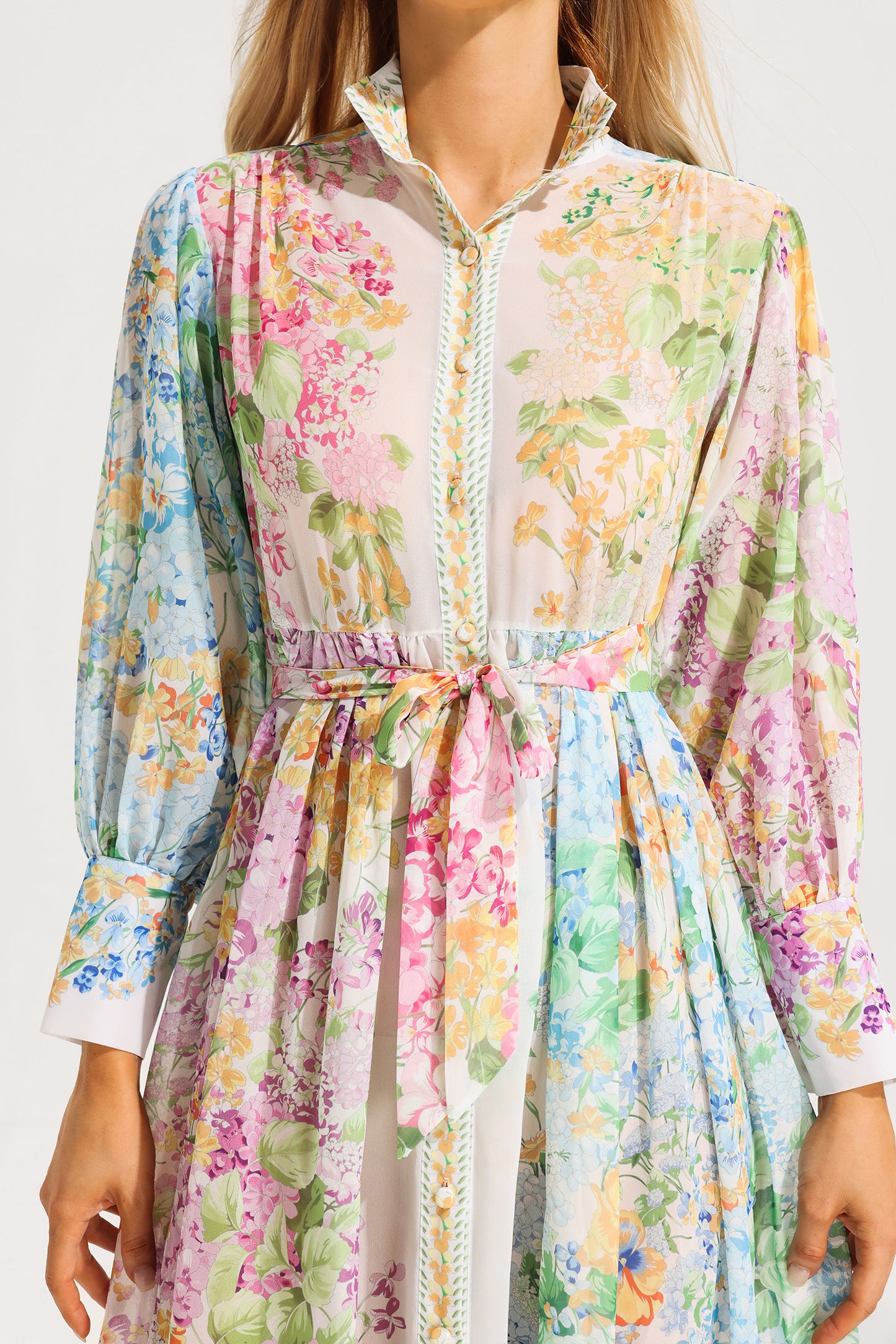 Floral Long Sleeves Midi Dress With Belt