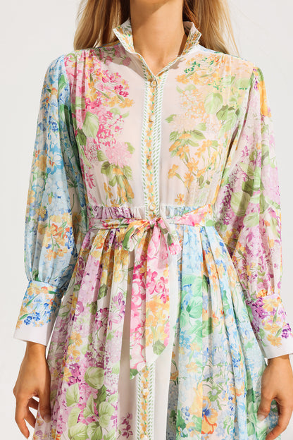 Floral Long Sleeves Midi Dress With Belt