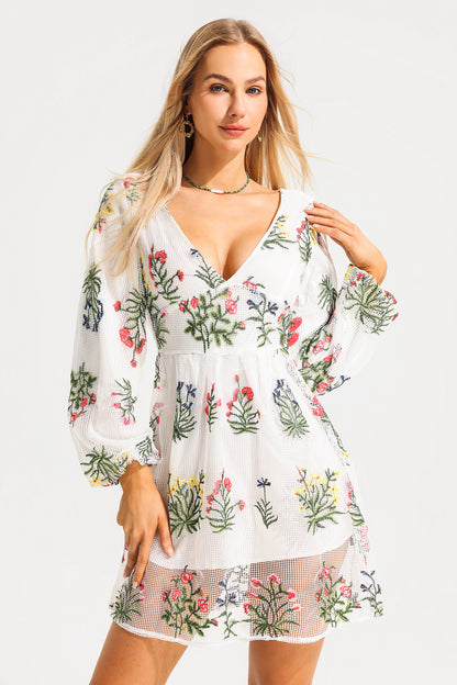 Embroidered Floral Lantern Sleeve V-Neck Mini Dress