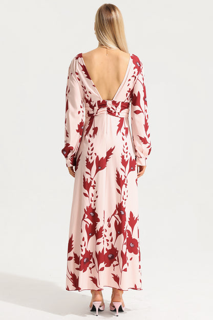 Floral V-Neck Lantern Sleeve Maxi Dress