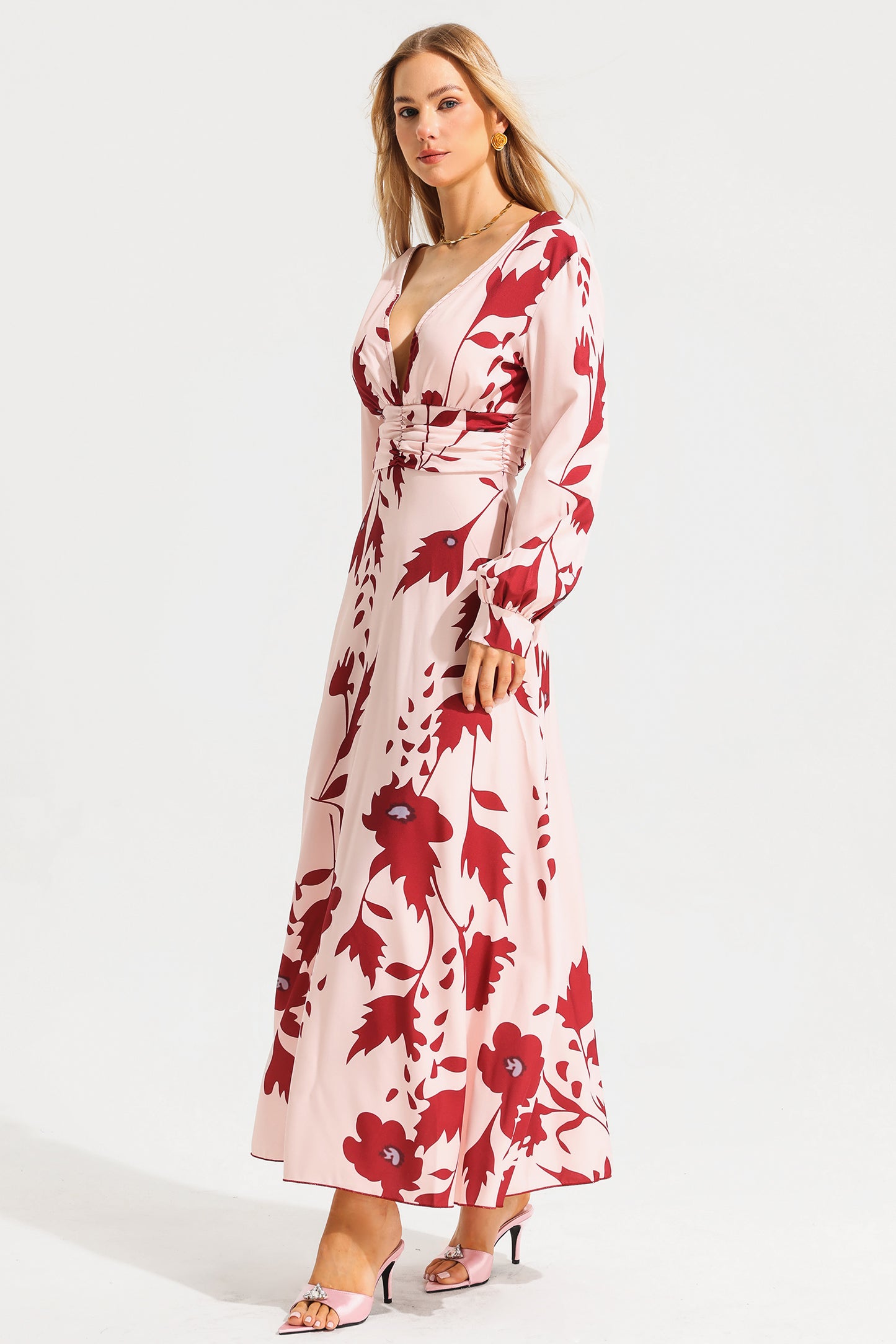 Floral V-Neck Lantern Sleeve Maxi Dress