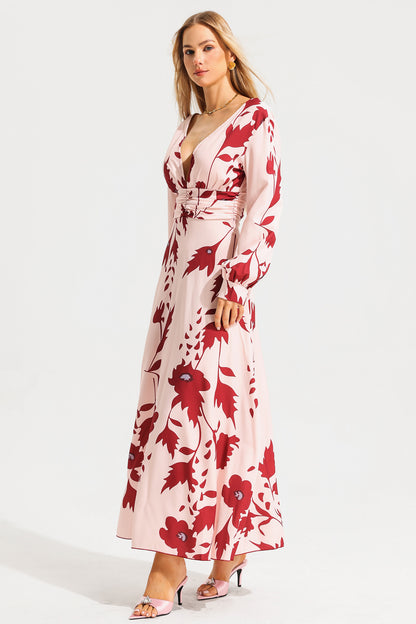 Floral V-Neck Lantern Sleeve Maxi Dress