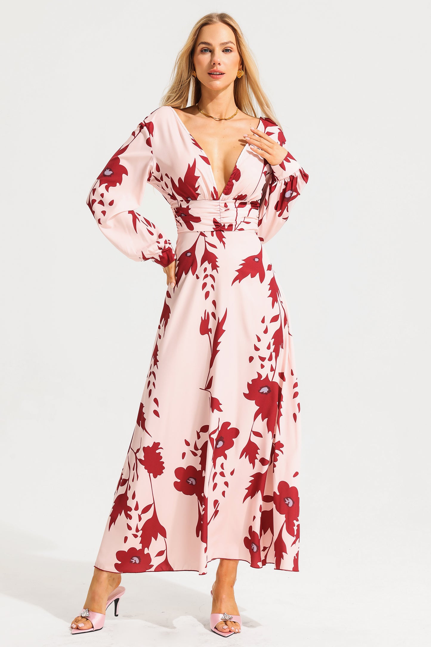 Floral V-Neck Lantern Sleeve Maxi Dress