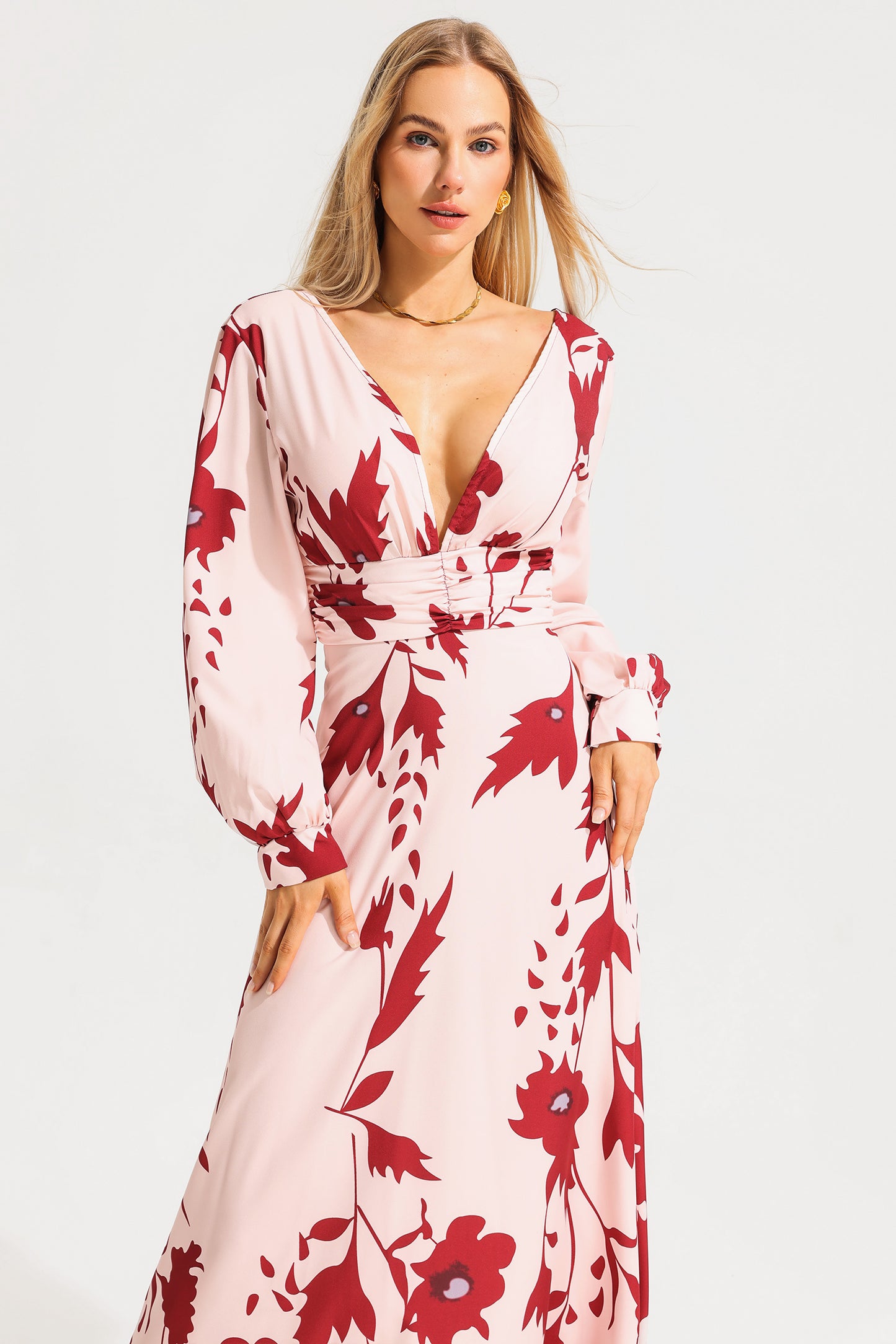 Floral V-Neck Lantern Sleeve Maxi Dress