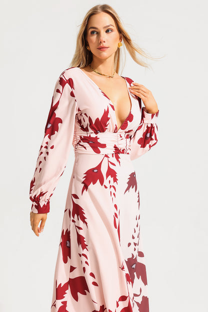 Floral V-Neck Lantern Sleeve Maxi Dress