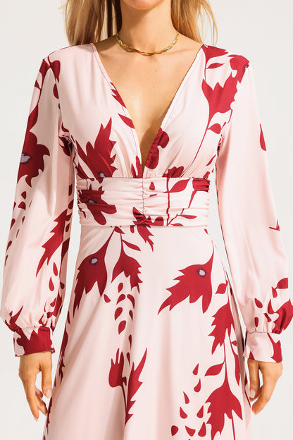 Floral V-Neck Lantern Sleeve Maxi Dress