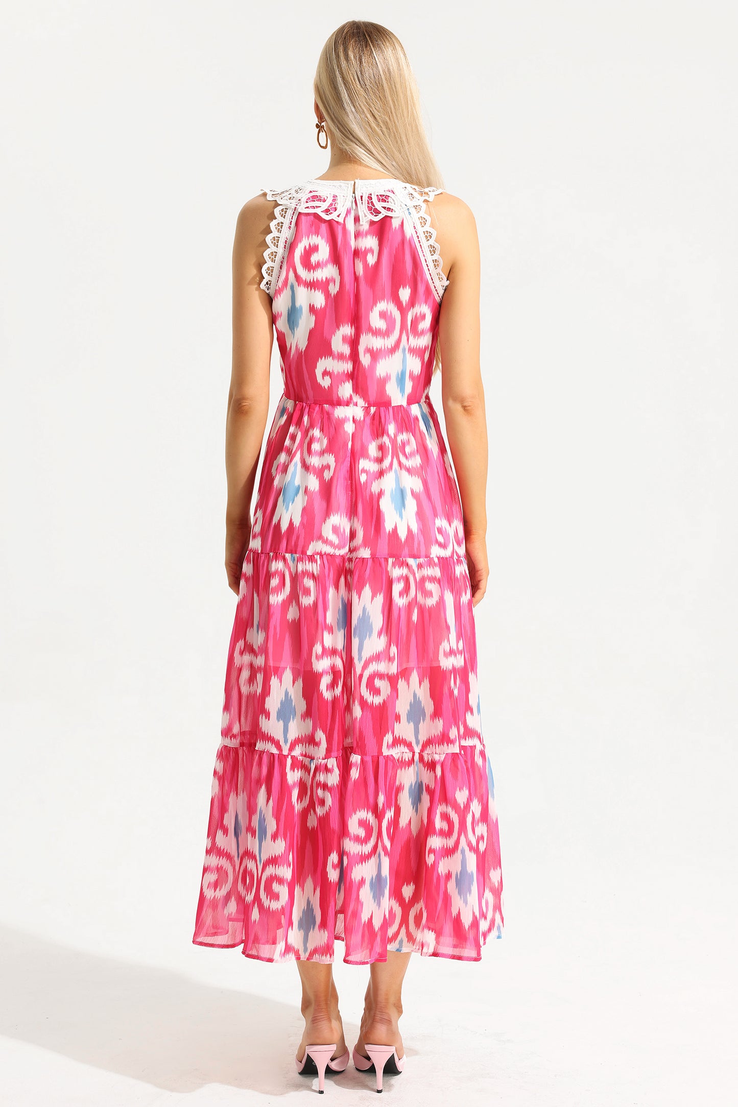 Lace Abstract Print Sleeveless Round Neck Midi Dress