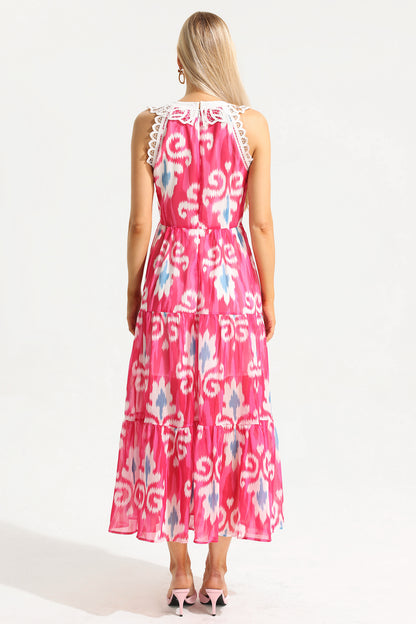 Lace Abstract Print Sleeveless Round Neck Midi Dress