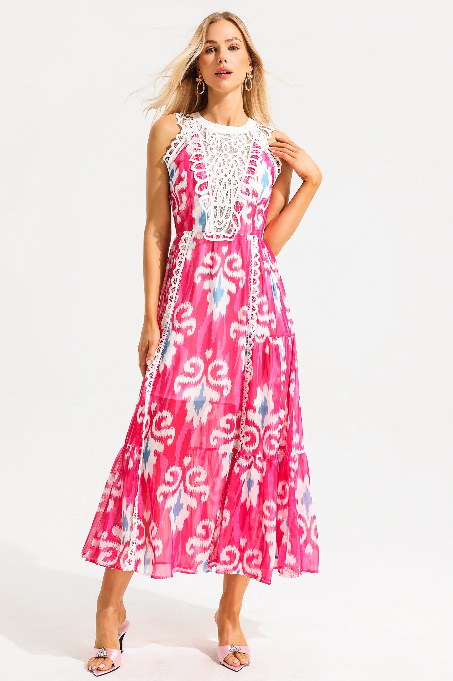 Lace Abstract Print Sleeveless Round Neck Midi Dress