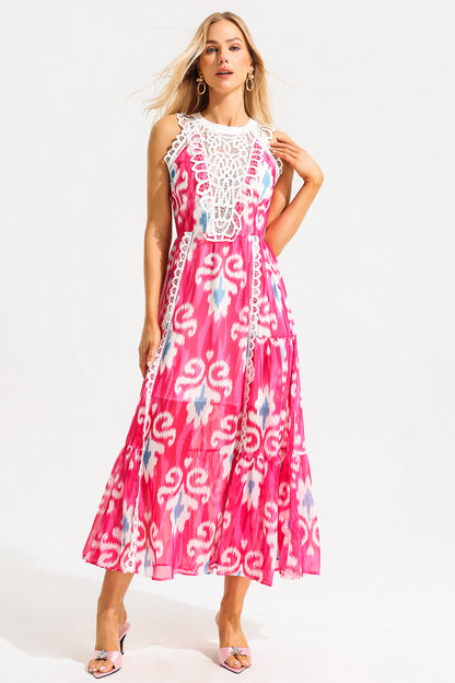Lace Abstract Print Sleeveless Round Neck Midi Dress