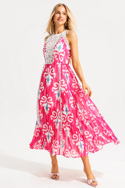 Lace Abstract Print Sleeveless Round Neck Midi Dress