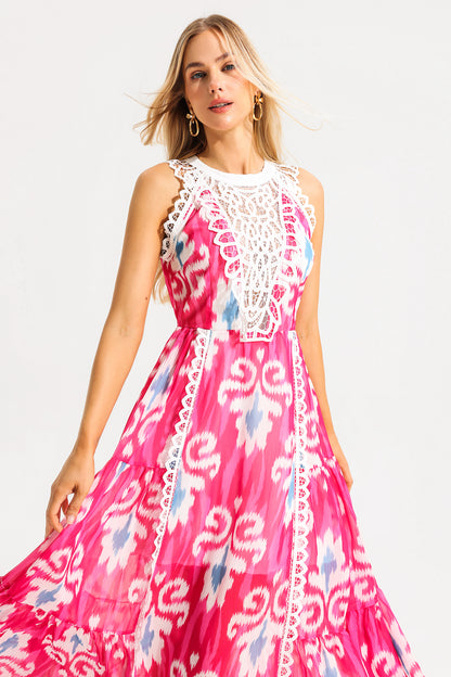 Lace Abstract Print Sleeveless Round Neck Midi Dress