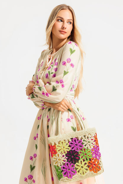 Floral Straw Woven Shoulder Bag