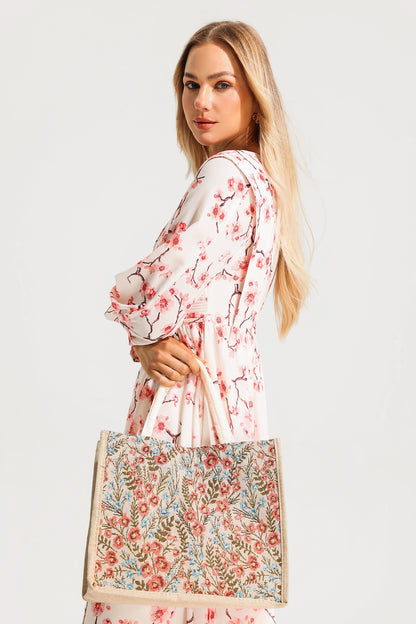 Floral Embroideried Burlap Handbag
