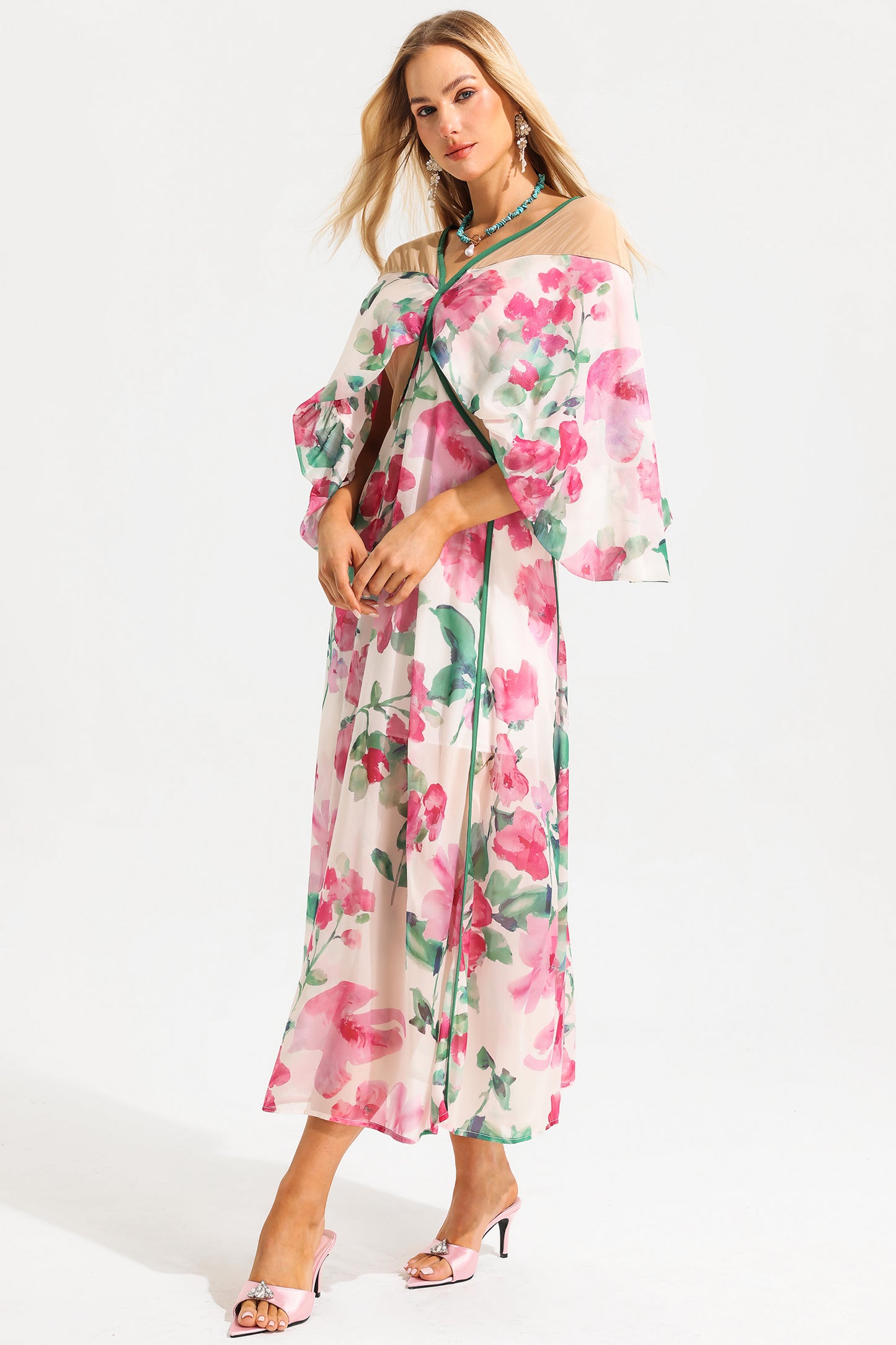 Floral V-Neck Lantern Sleeve Splicing Midi Dress