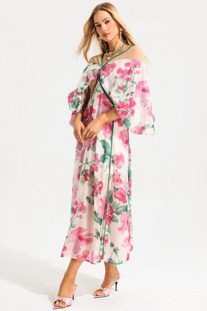 Floral V-Neck Lantern Sleeve Splicing Midi Dress