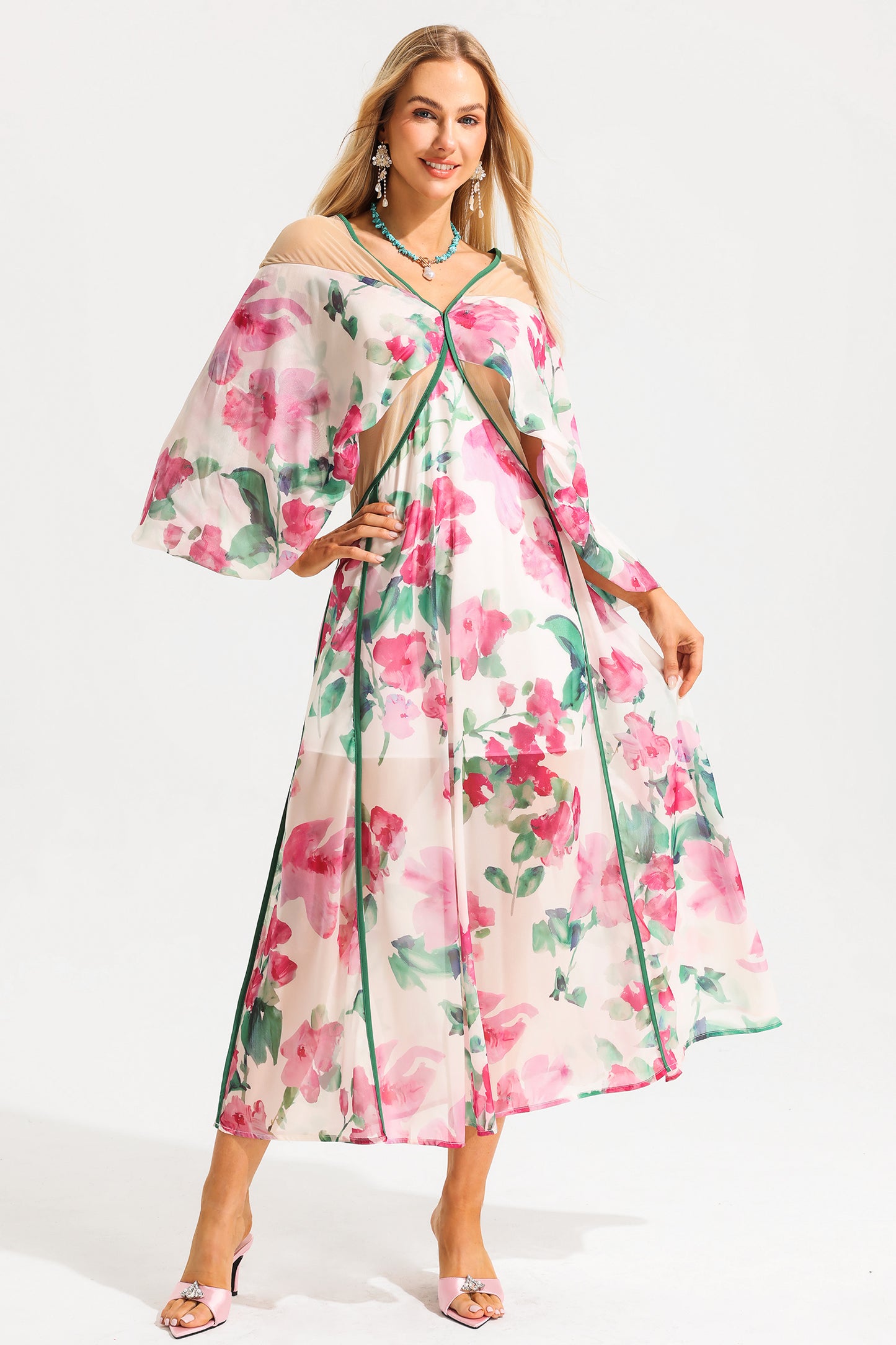 Floral V-Neck Lantern Sleeve Splicing Midi Dress