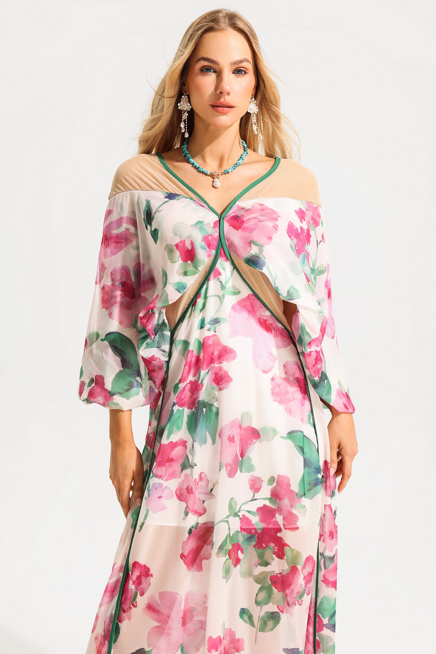 Floral V-Neck Lantern Sleeve Splicing Midi Dress