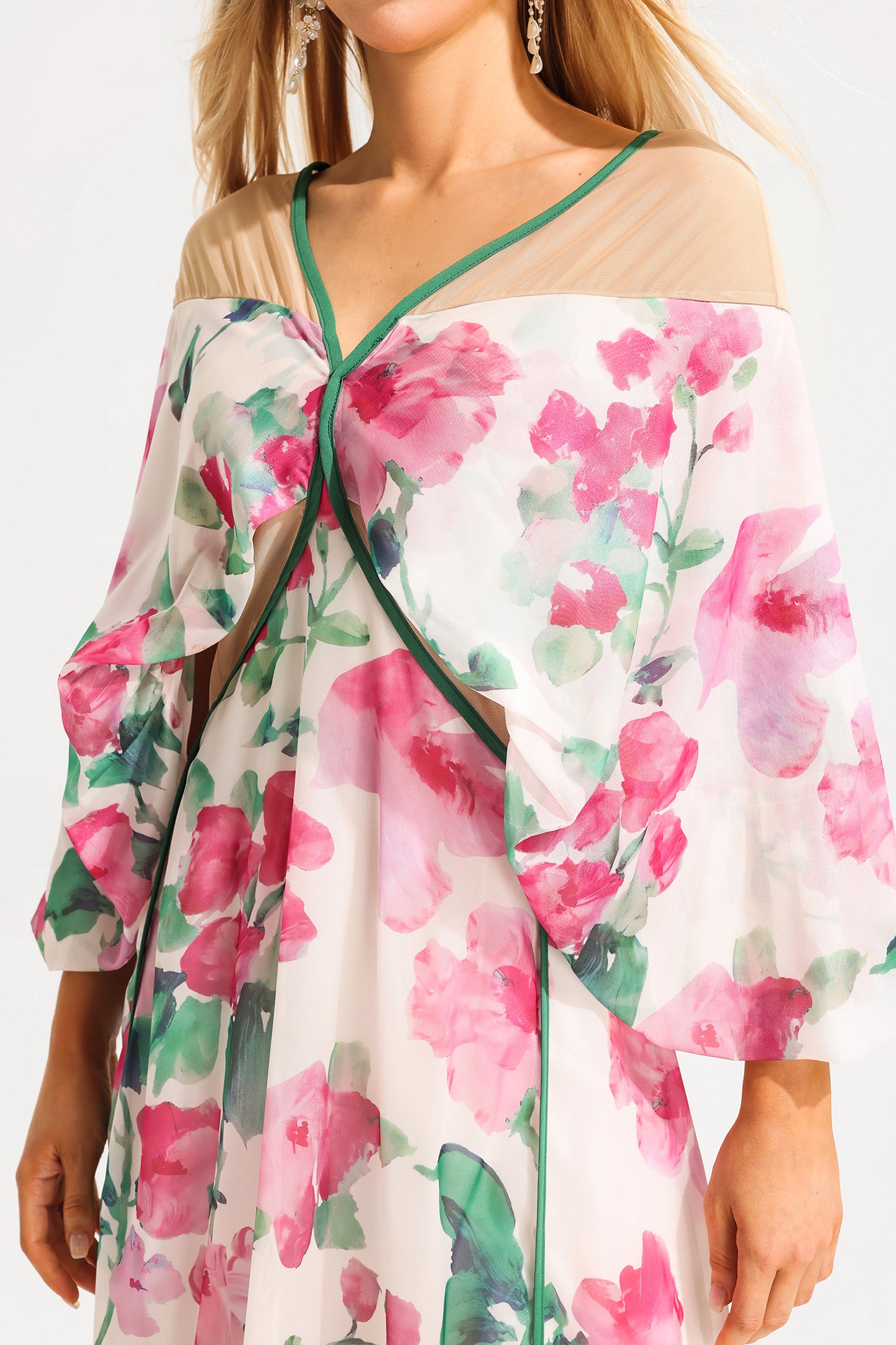 Floral V-Neck Lantern Sleeve Splicing Midi Dress