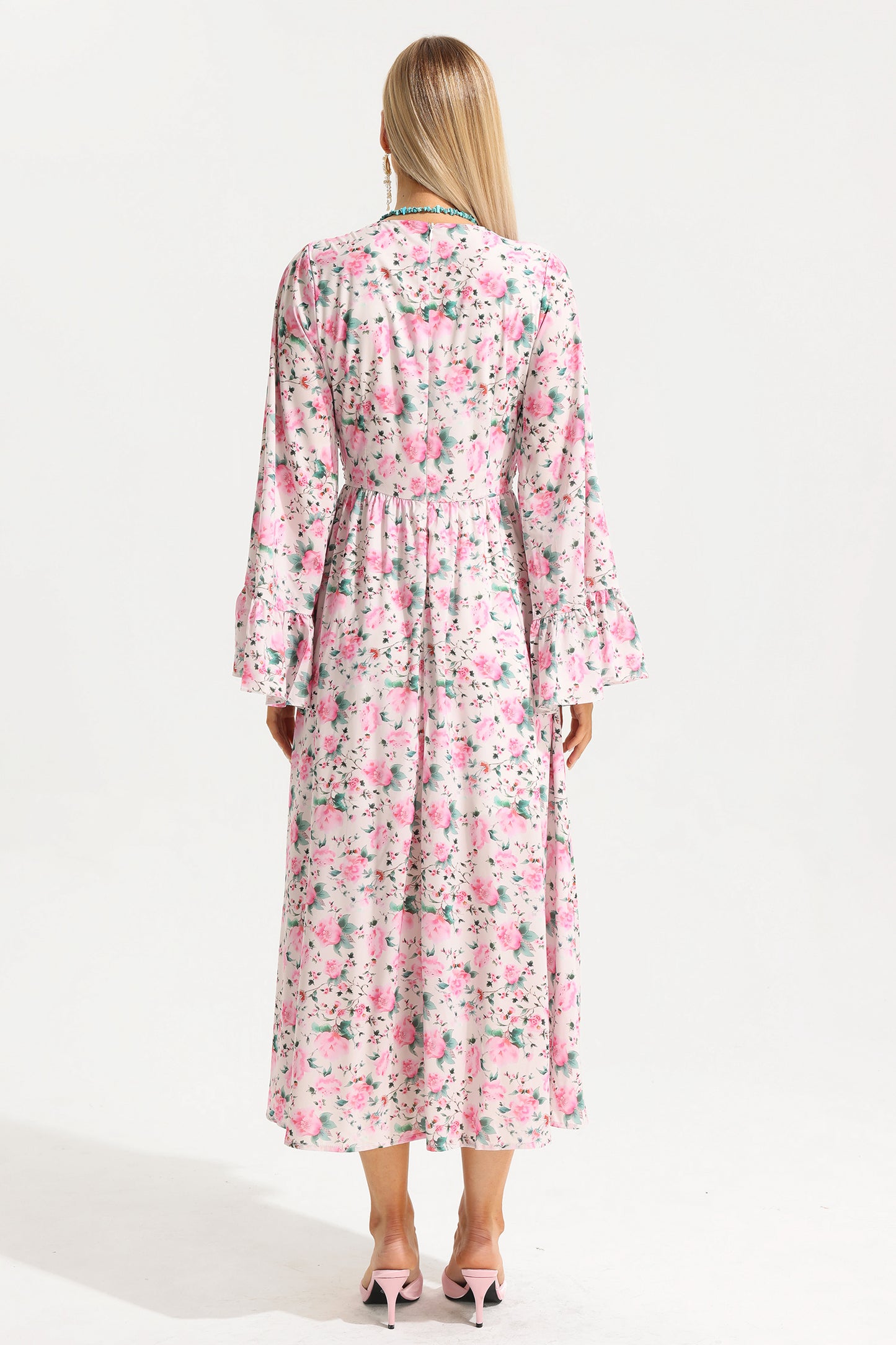 Floral V-Neck Ball Sleeve Midi Dress