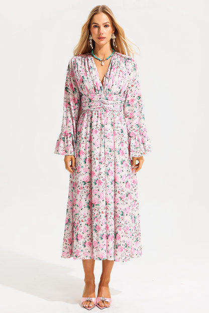 Floral V-Neck Ball Sleeve Midi Dress