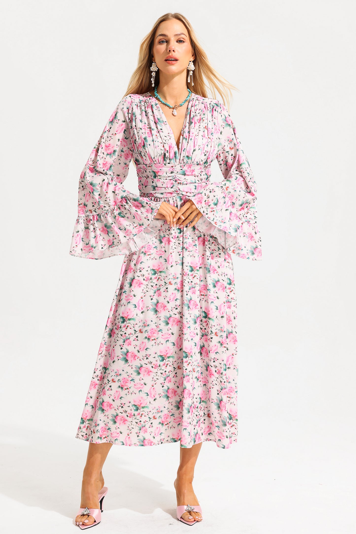 Floral V-Neck Ball Sleeve Midi Dress