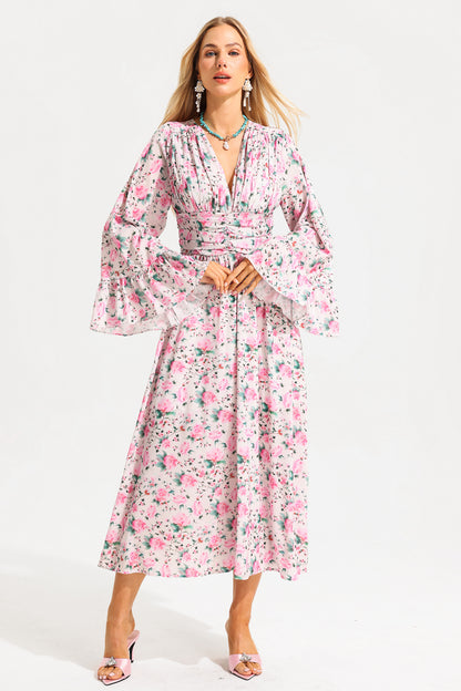Floral V-Neck Ball Sleeve Midi Dress