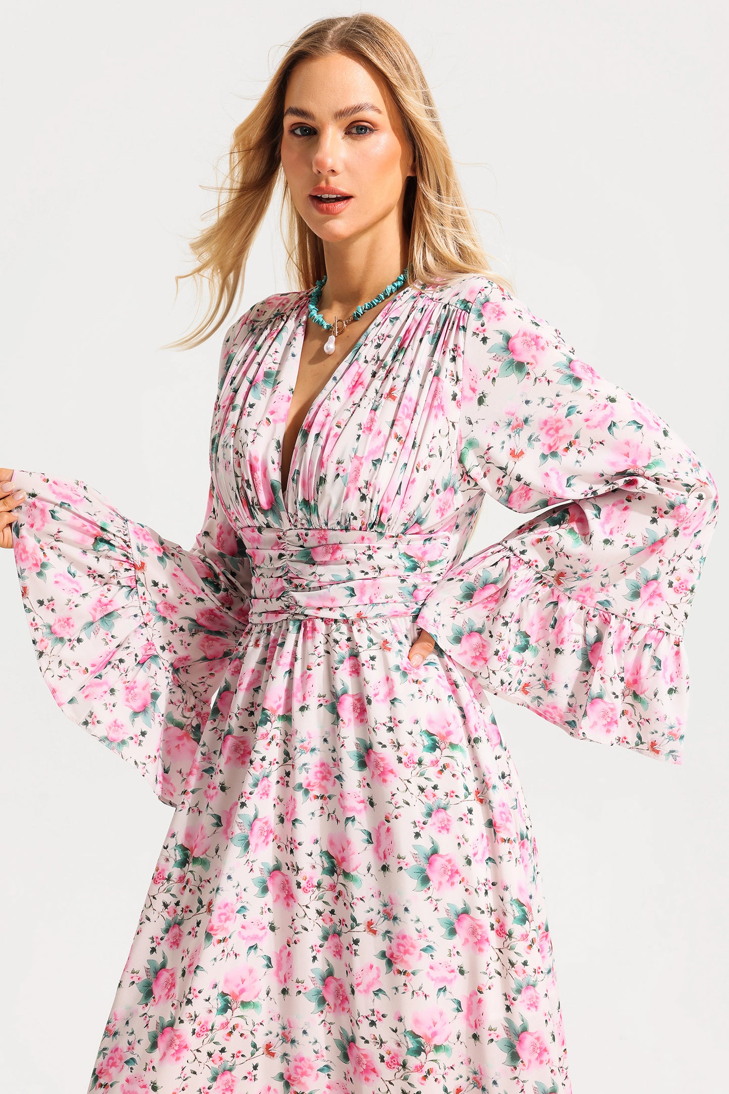 Floral V-Neck Ball Sleeve Midi Dress