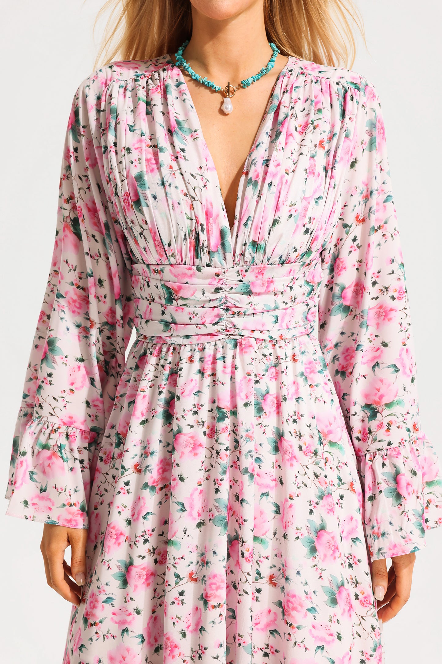 Floral V-Neck Ball Sleeve Midi Dress