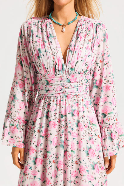 Floral V-Neck Ball Sleeve Midi Dress