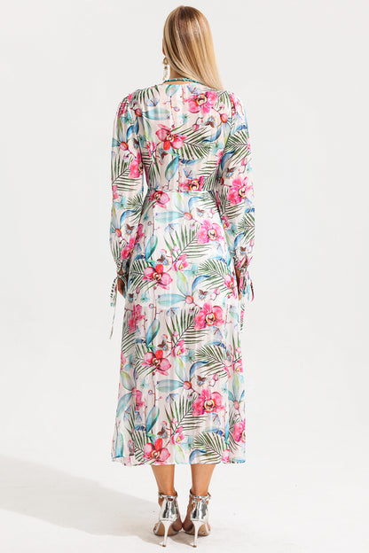 Floral Lantern Sleeve V-Neck Midi Dress
