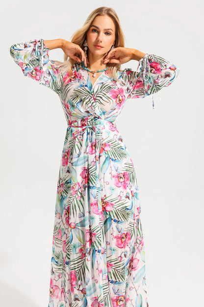 Floral Lantern Sleeve V-Neck Midi Dress