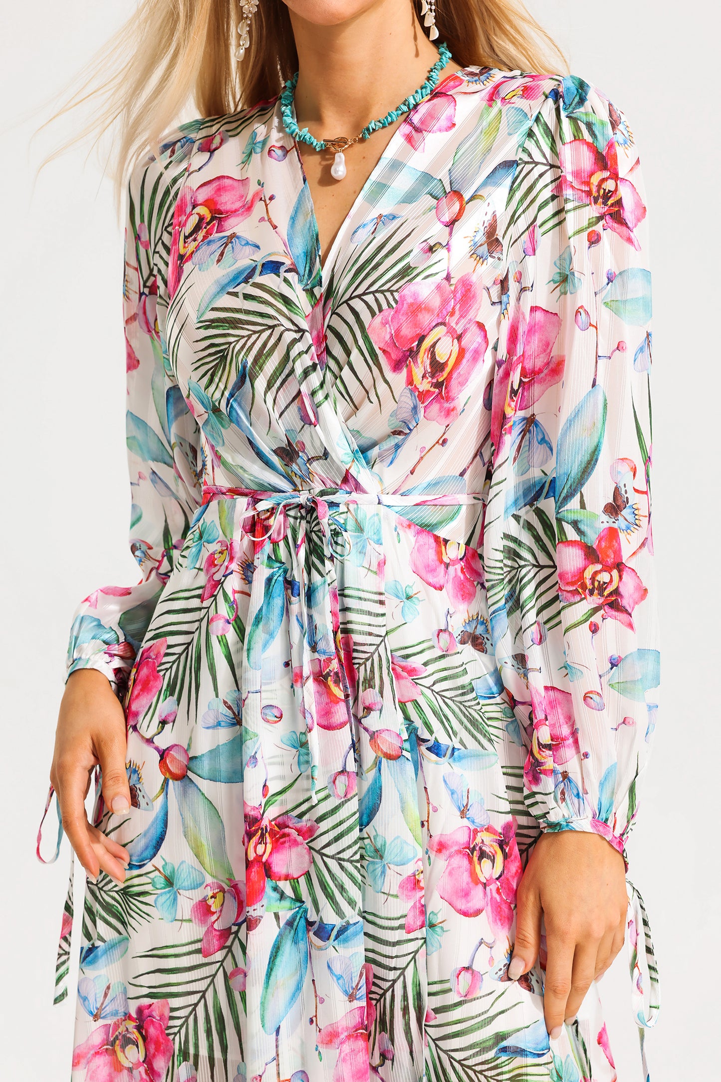 Floral Lantern Sleeve V-Neck Midi Dress