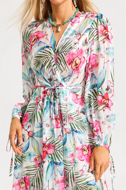 Floral Lantern Sleeve V-Neck Midi Dress