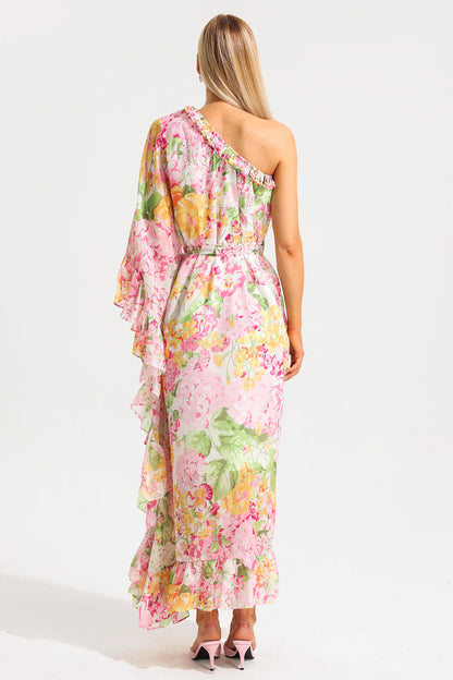 Floral Ruffle Asymmetric One Shoulder Midi Dress