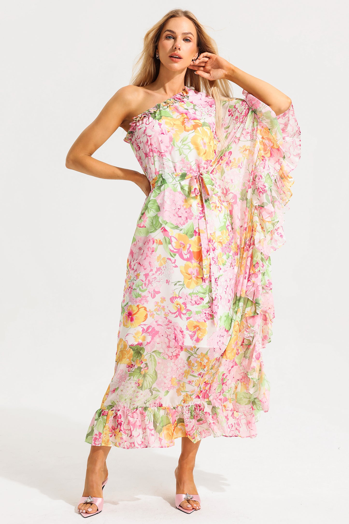 Floral Ruffle Asymmetric One Shoulder Midi Dress