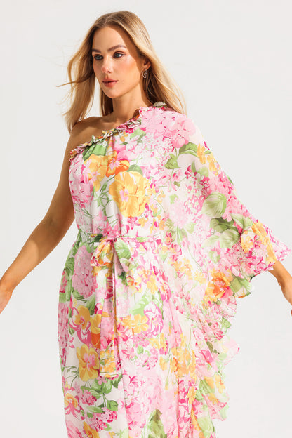 Floral Ruffle Asymmetric One Shoulder Midi Dress