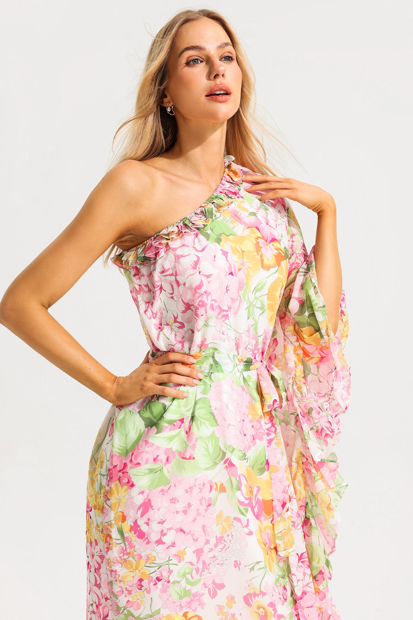 Floral Ruffle Asymmetric One Shoulder Midi Dress