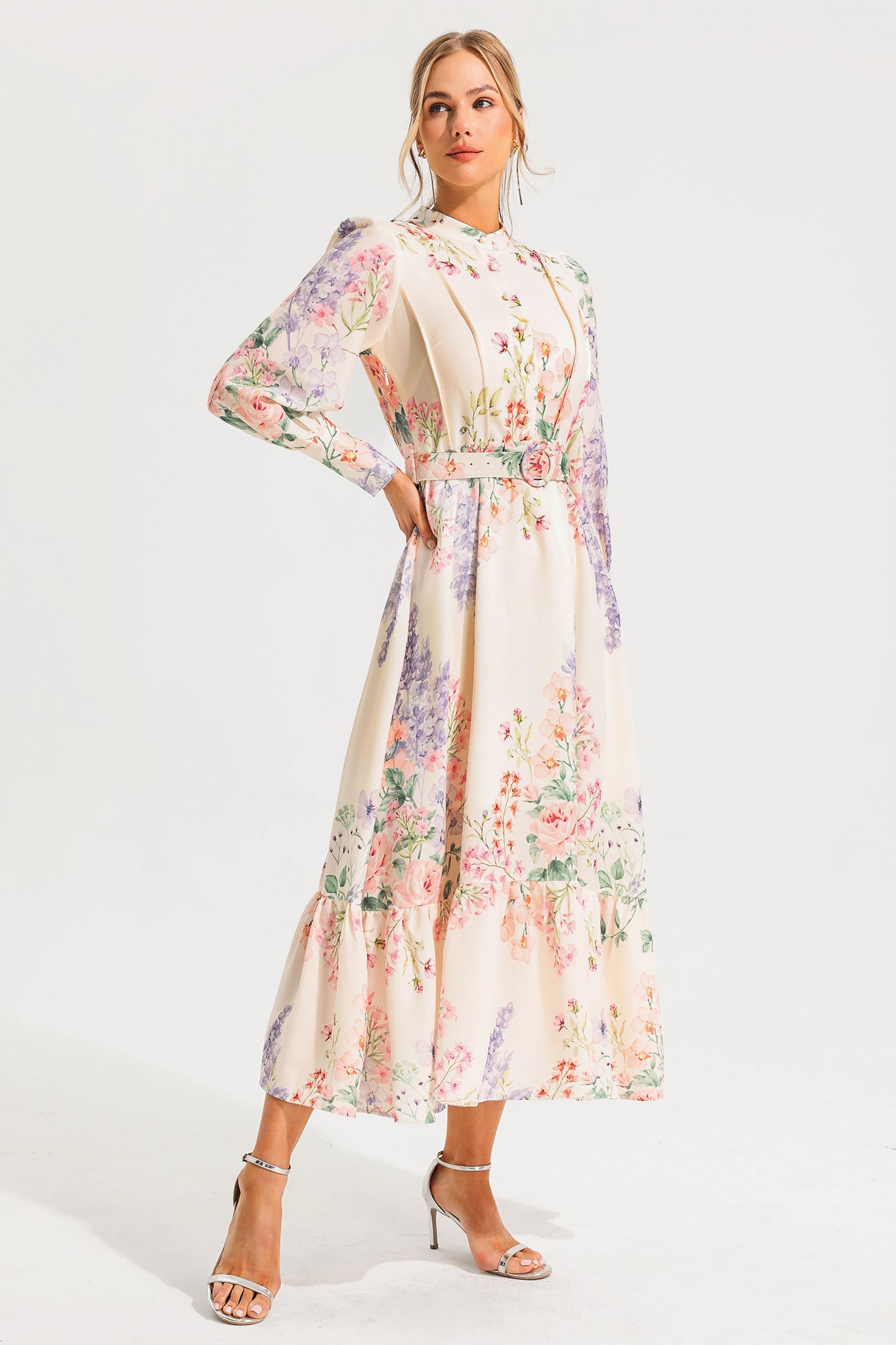 Floral Long Sleeve Maxi Dress With Belt