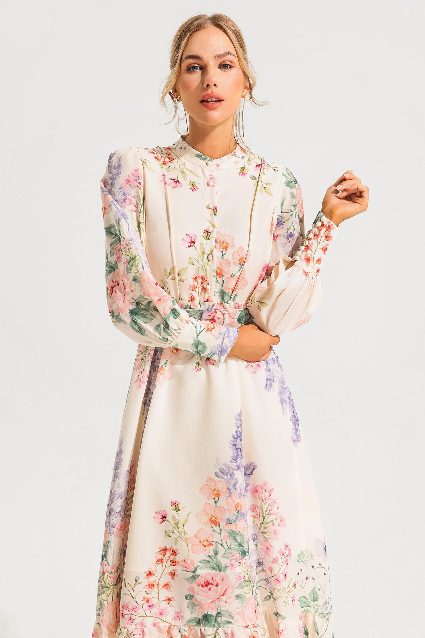 Floral Long Sleeve Maxi Dress With Belt