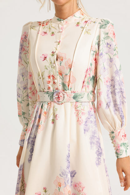 Floral Long Sleeve Maxi Dress With Belt