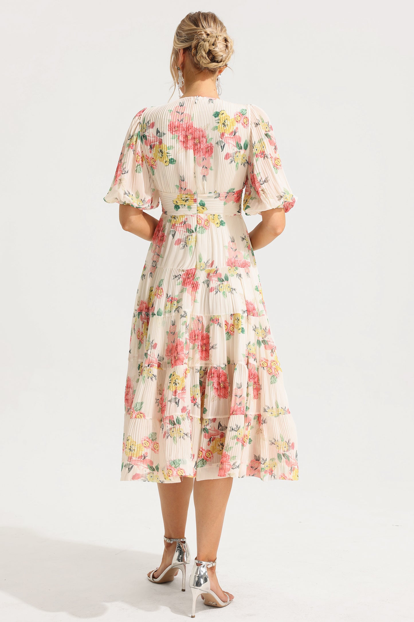 Floral Puff Sleeve Pleat Midi Dress