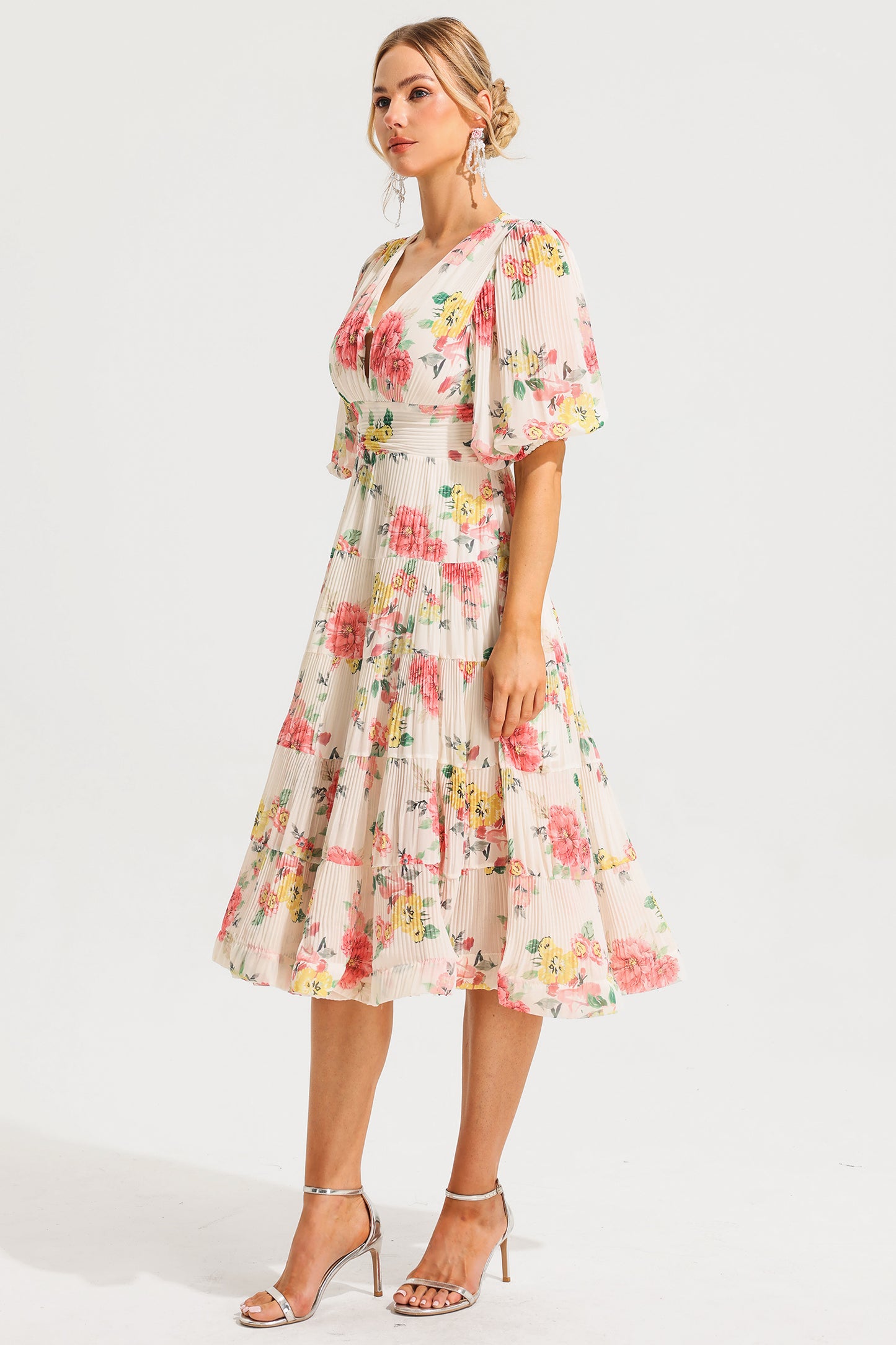 Floral Puff Sleeve Pleat Midi Dress
