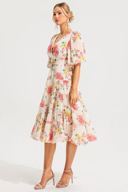 Floral Puff Sleeve Pleat Midi Dress