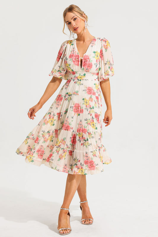 Floral Puff Sleeve Pleat Midi Dress