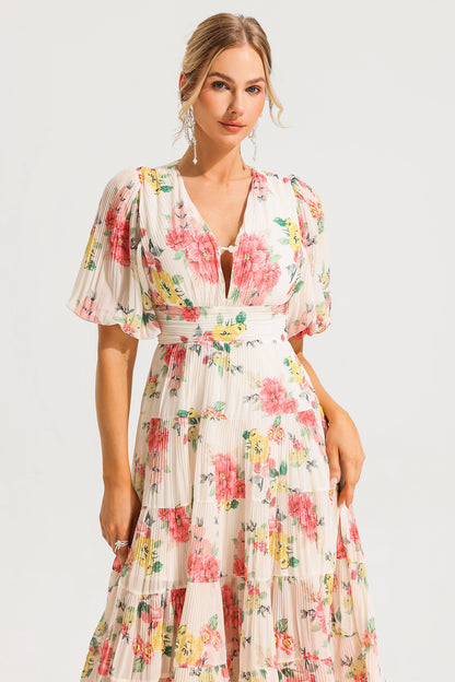 Floral Puff Sleeve Pleat Midi Dress