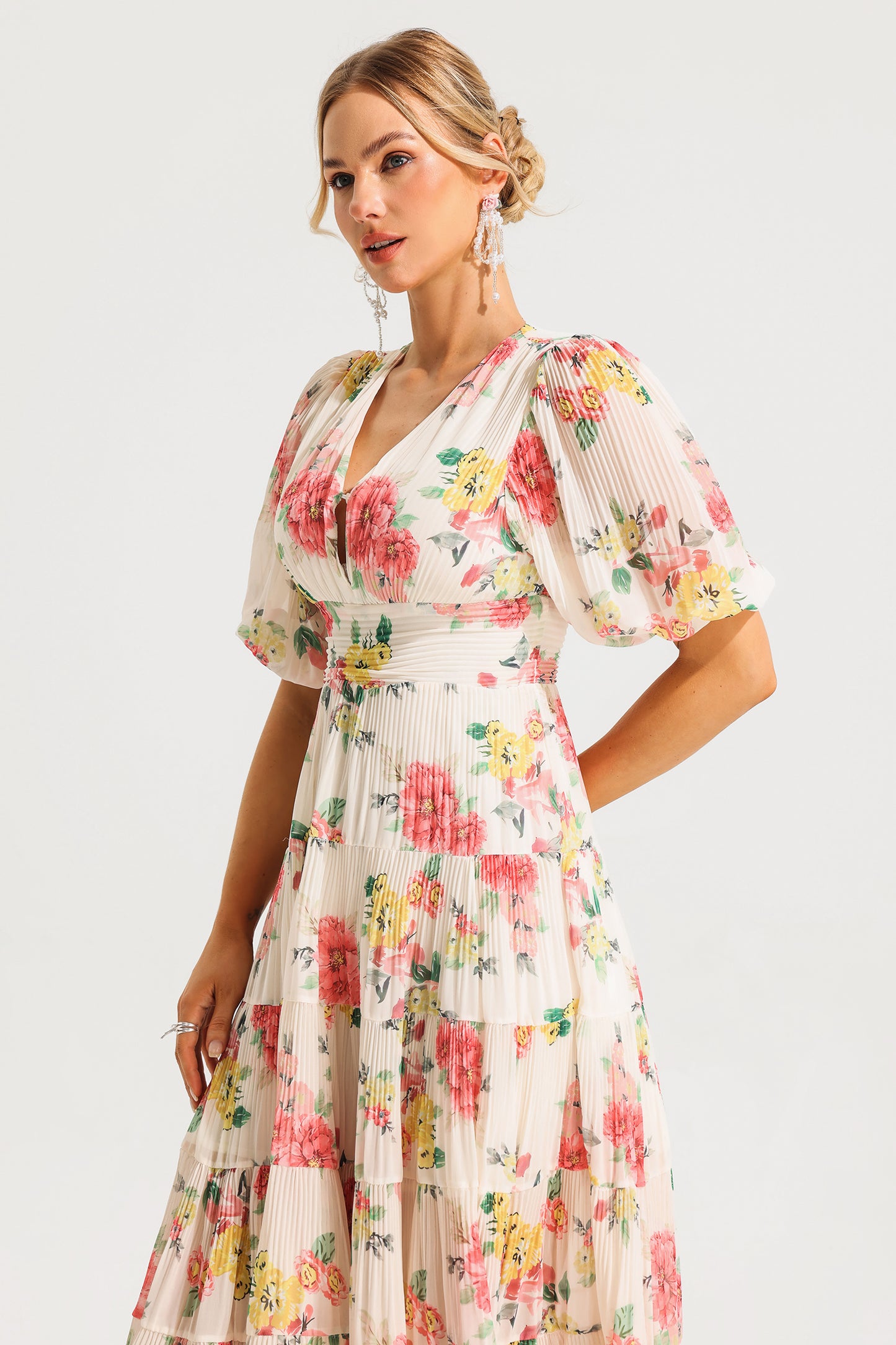 Floral Puff Sleeve Pleat Midi Dress